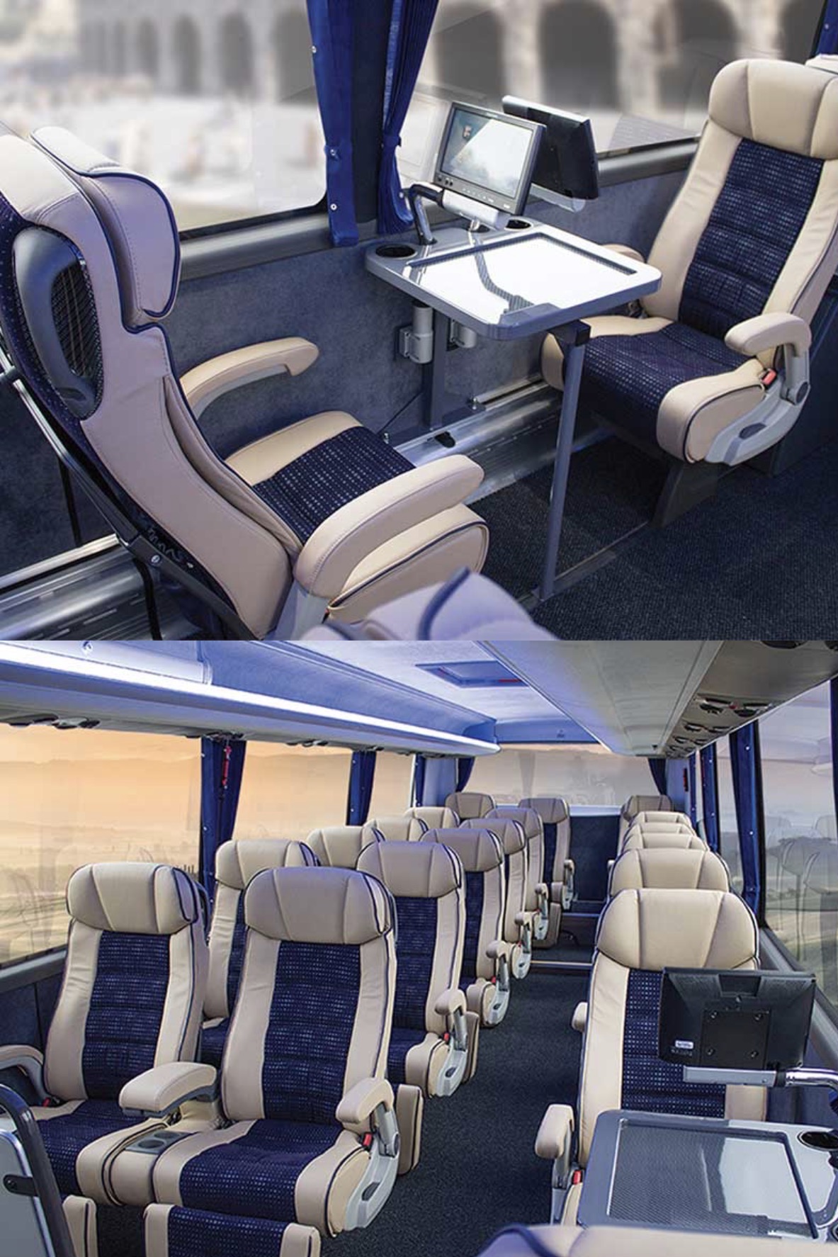 Luxuria coach interior with tray tables and screens